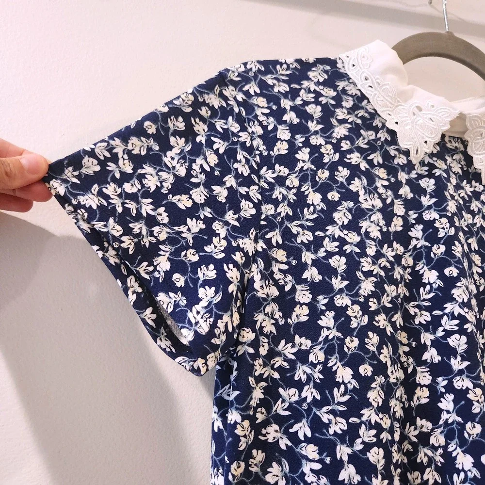 Cottagecore Floral Dress Misia  Vintage Style Preppy Short Sleeve Stretch Navy M